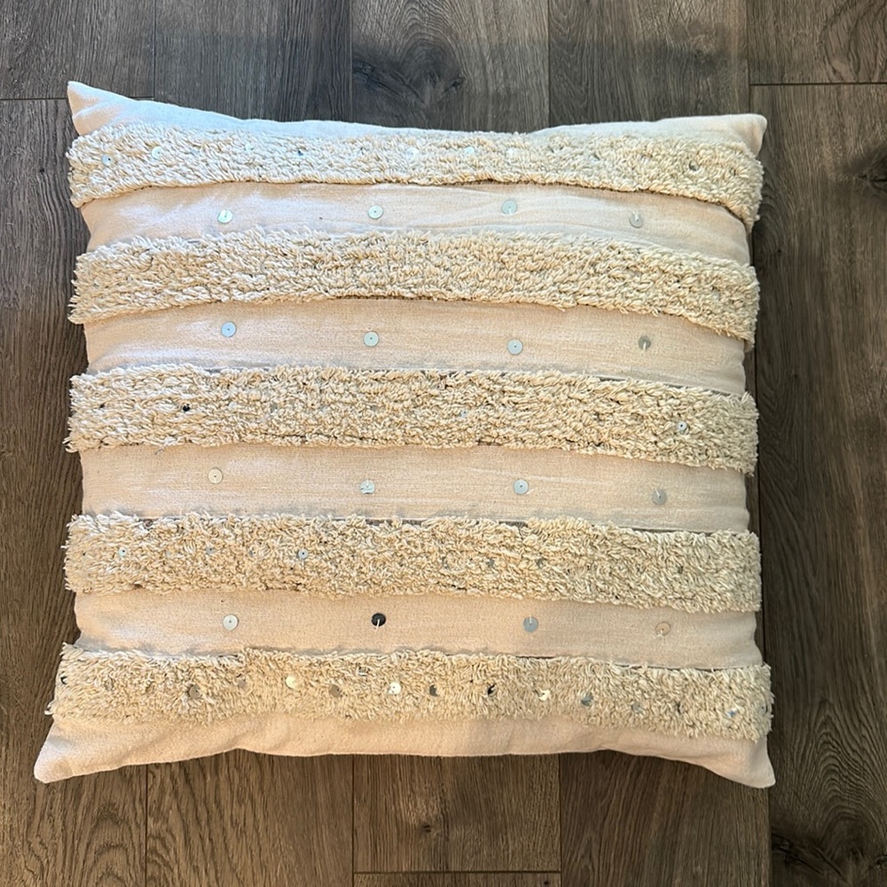 SURYA square pillow with silver circle accents and fringes